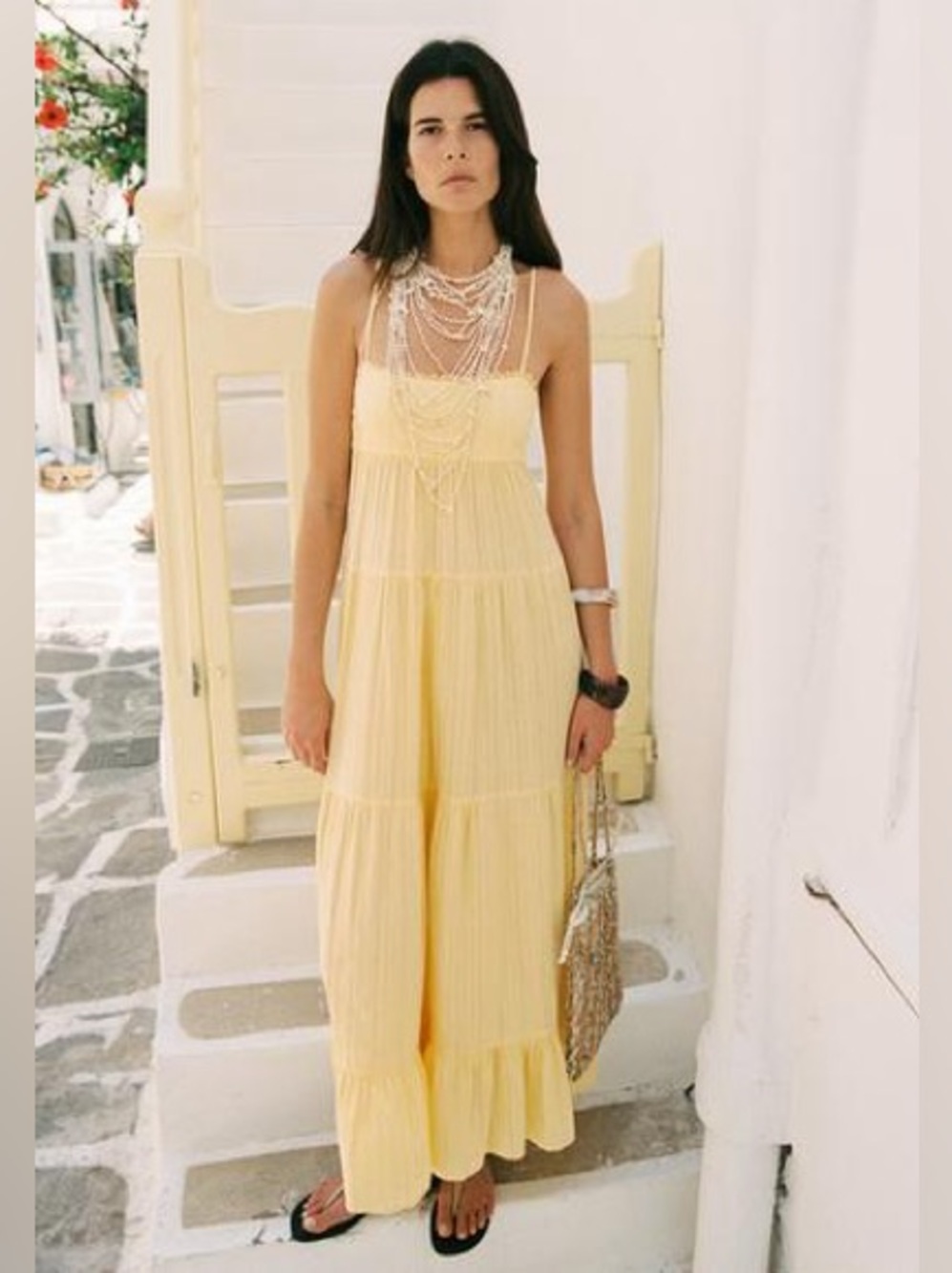 Zara NWT Romantic Resort Vacation Yellow Open Back Tie Up Tiered Maxi Dress (XL) - Picture 4 of 9